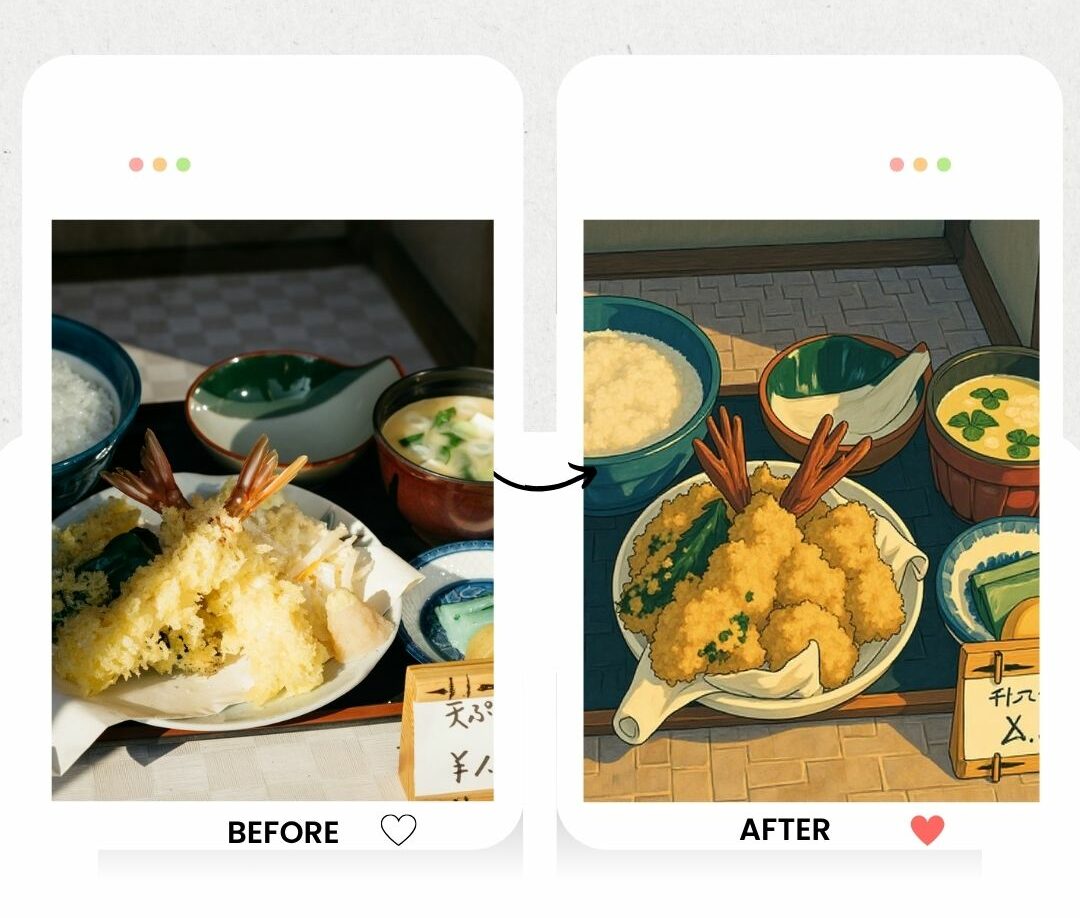 A Japanese food shot transformed into charming Studio Ghibli-style art.