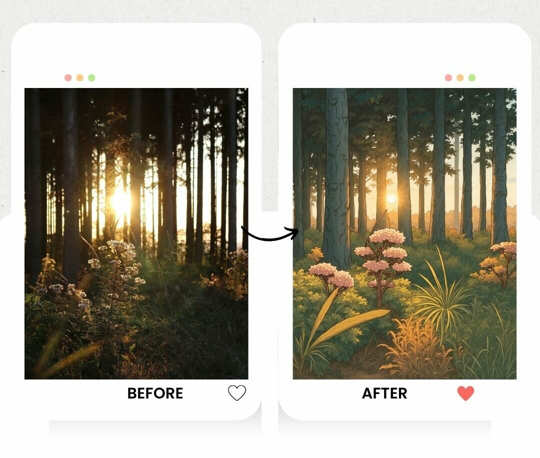 a forest scene transformed with Ghibli AI