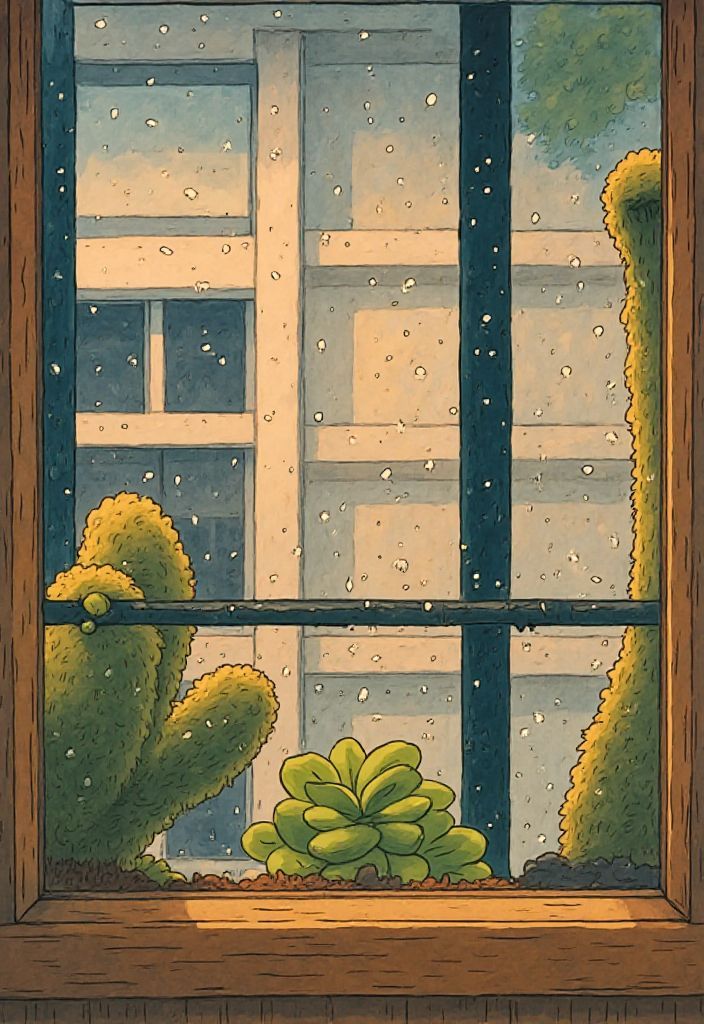 rain sliding down a window, evoking soft, dreamy Studio Ghibli vibes