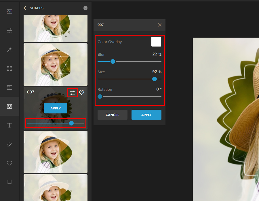 shape settings in colorcinch