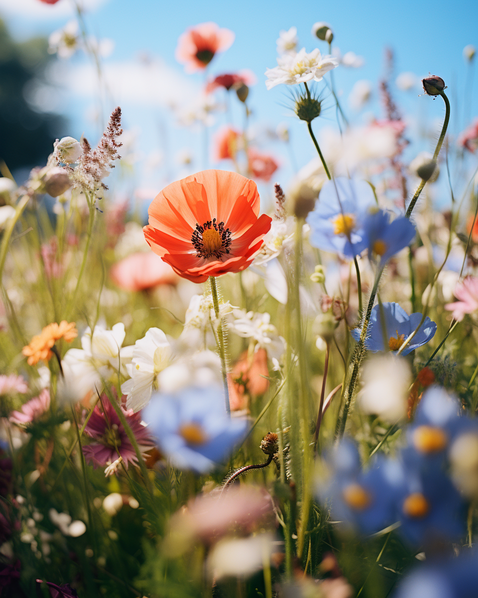Bright Spring Day in the Wildflower Meadow with a Red Poppy