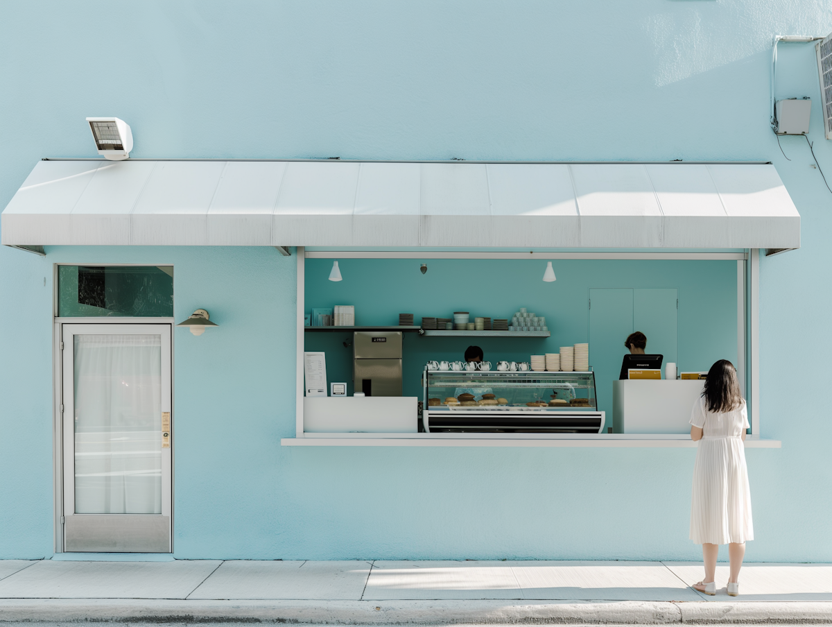 pastel blue cafe wes anderson style
