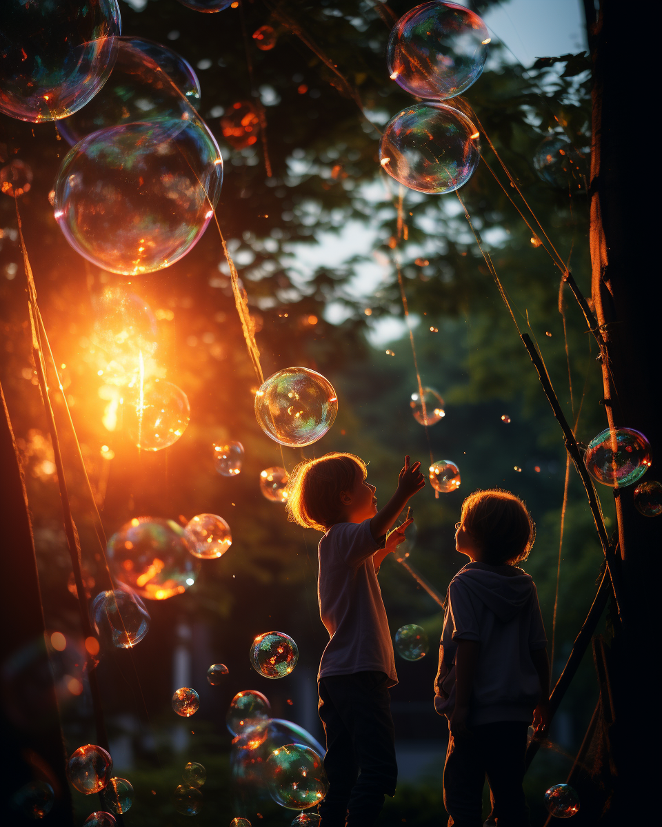 Enchanted Evening_ Children and the Dance of Iridescent Bubbles