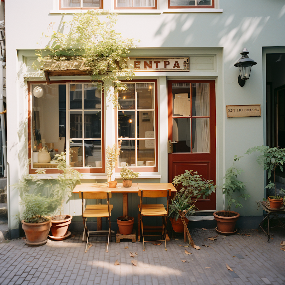 Sunny Pastel Green Bistro Facade